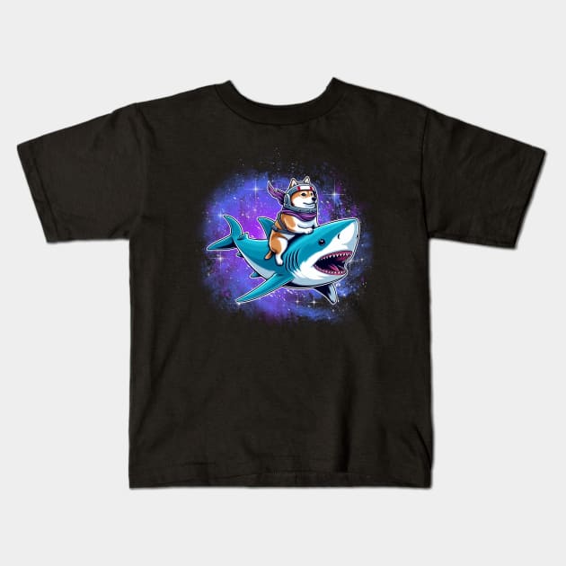 Corgi Riding Shark Jaw some Dog Lover Gifts Space Galaxy Kids T-Shirt by cyryley